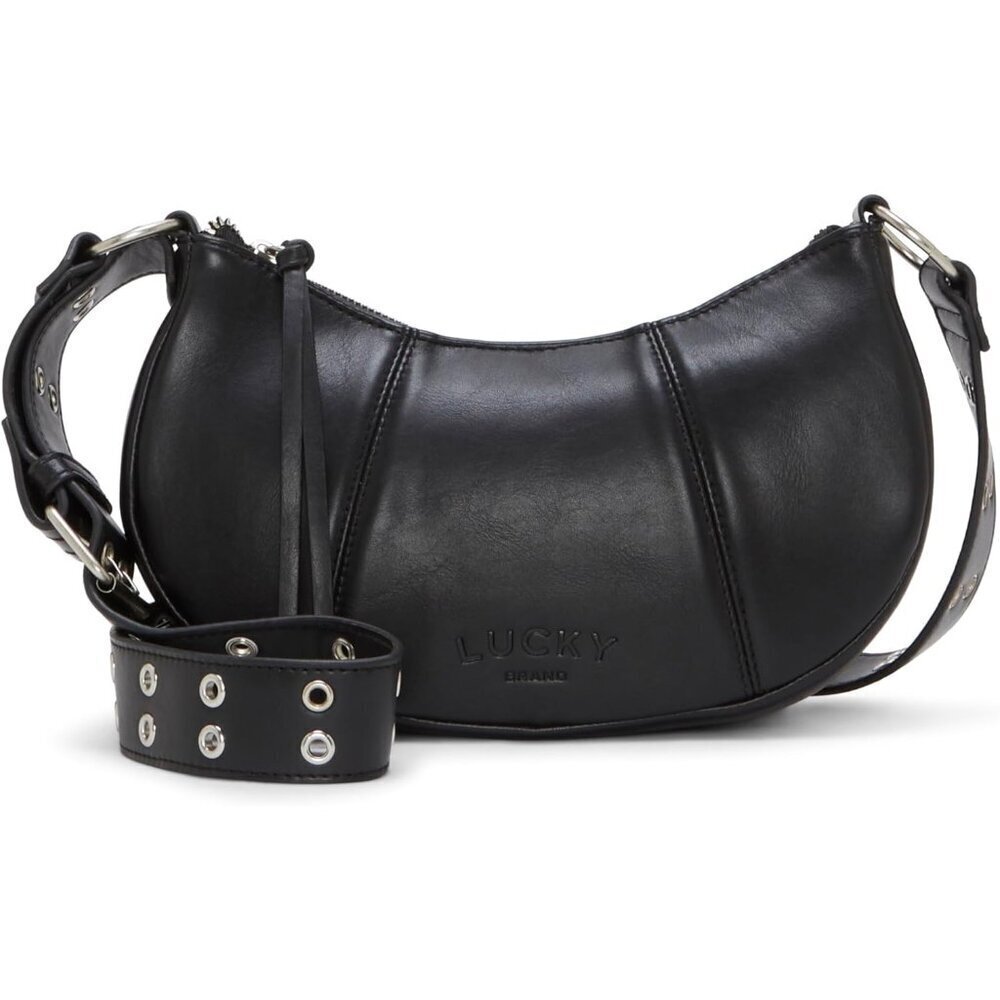 Women's Vegan Leather Crossbody Bag Zipper Closure Grommet Details Black